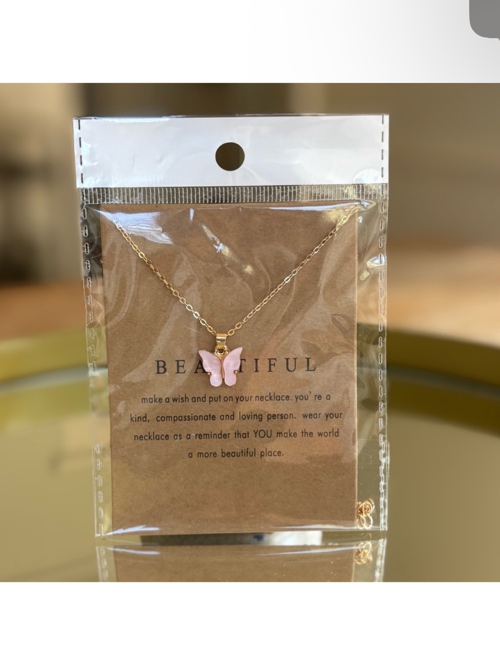 Gold Chain Necklace with Pink Butterfly Pendant -